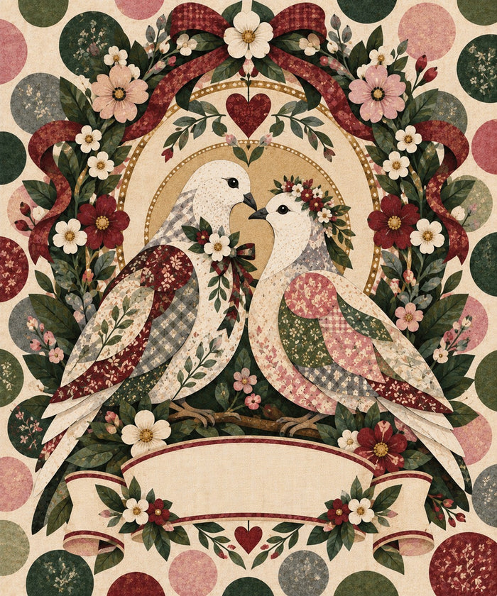 Wildflower Wedding Lovebird Couple Name Blanket artwork — two patchwork lovebirds, one in a flower crown, under a burgundy ribbon wreath and a little red heart, with a blank ribbon banner for your names and date