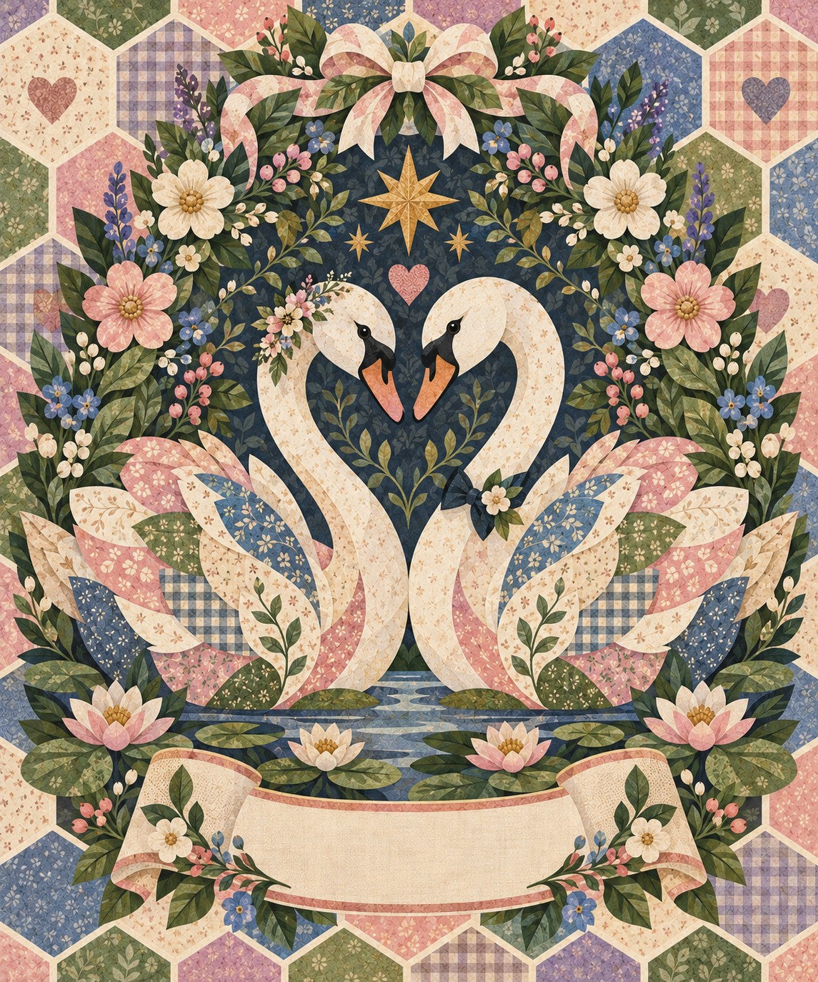 Wildflower Wedding Swan Couple Name Blanket artwork — two white swans meet neck to neck, making a heart under a gold star, framed in wildflowers and water lilies, with a blank ribbon banner for your names and date